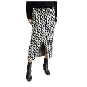 Women's Herringbone Midi Sweater Skirt M Black White Side Slit Stretch